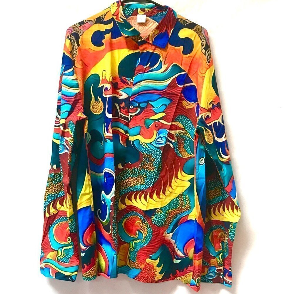 Dragon Cotton Dress Shirt Mens Large Extra Large Vibrant XL Gift Mans Club Party